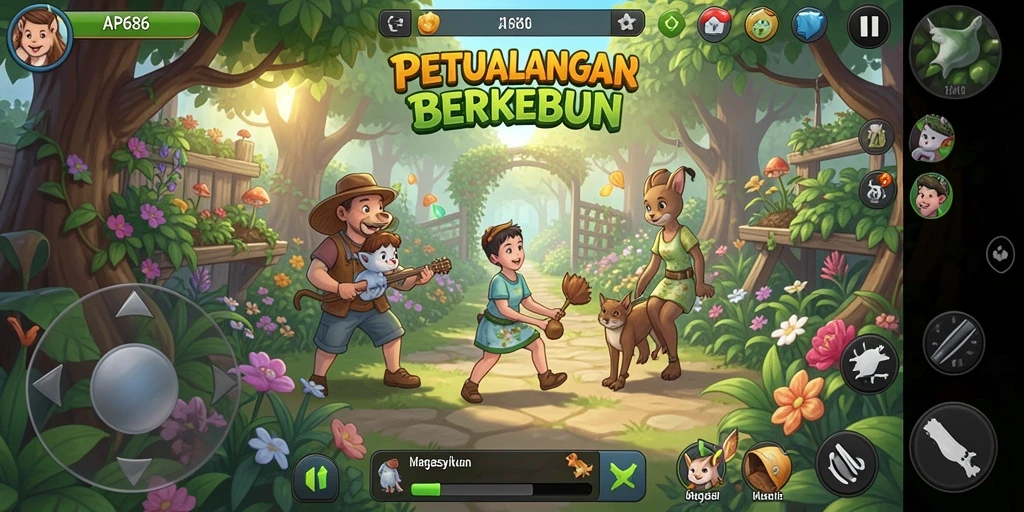 Tampilan gameplay AP686 yang menampilkan kebun subur dan tanaman beragam.