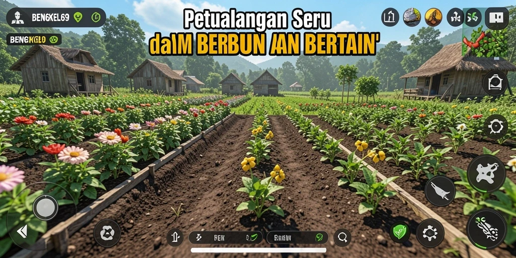 Gameplay BENGKEL69 menampilkan ladang yang subur dan aktivitas bertani.