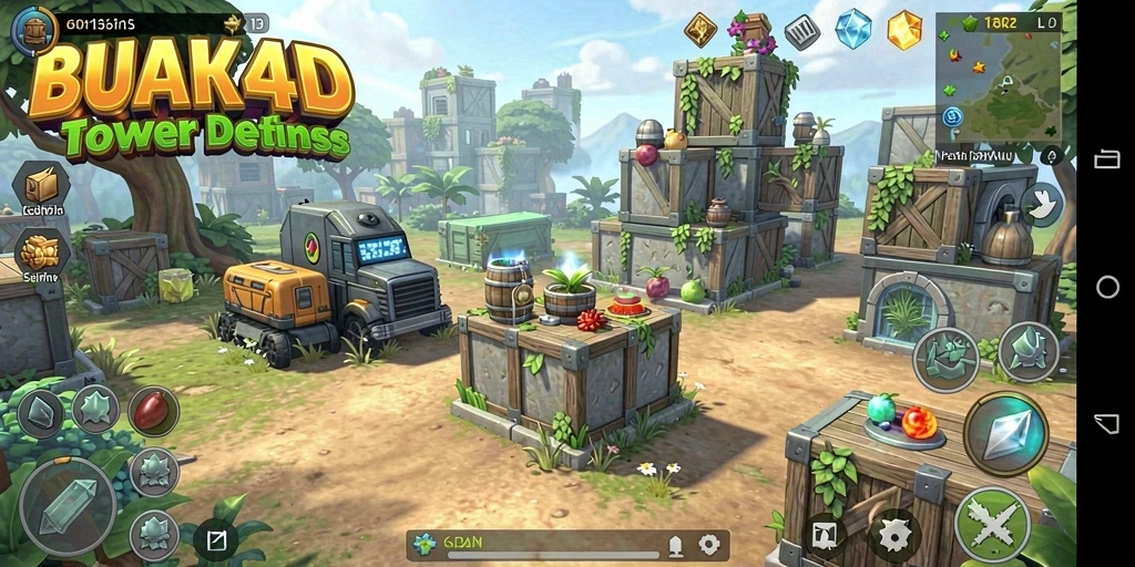 Tampilan menarik dari gameplay BUAH4D dengan berbagai menara pertahanan.