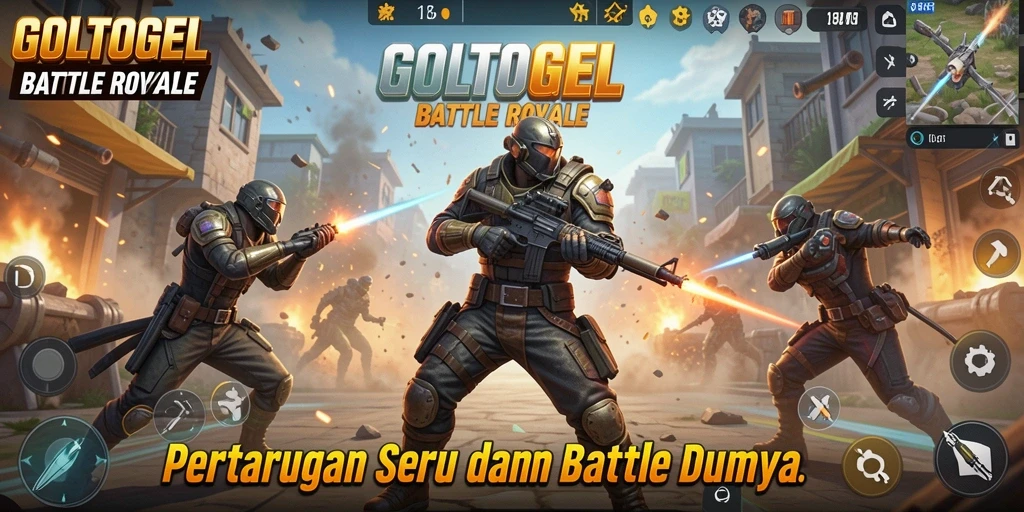 Screenshot GOLTOGEL menampilkan pertempuran intens dalam mode Battle Royale.
