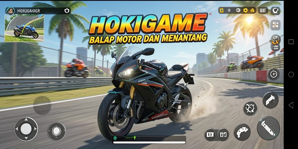 Gameplay intens HOKIGAME dengan balapan motor yang mendebarkan.