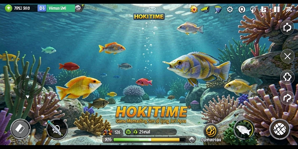 Screenshot gameplay HOKITIME yang menampilkan momen menangkap ikan.