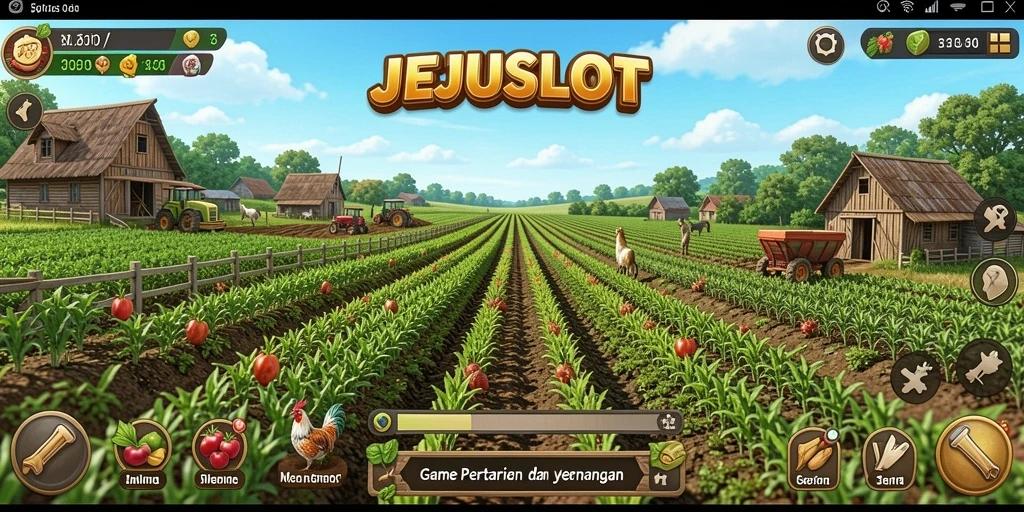 Screenshot gameplay <strong>JEJUSLOT</strong> menampilkan ladang yang subur dan kegiatan bertani yang dinamis.