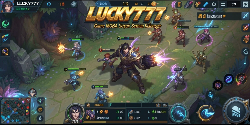 Screenshot gameplay LUCKY777 yang penuh aksi dalam pertarungan MOBA.