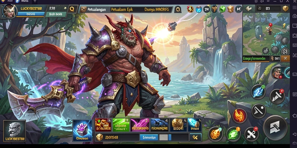Screenshot LUCKYBEST88 menampilkan karakter bertarung dalam lingkungan yang indah.