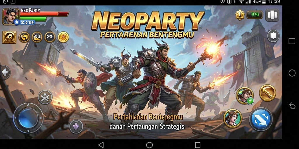 Screenshot NEOPARTY menampilkan aksi mempertahankan benteng yang seru.