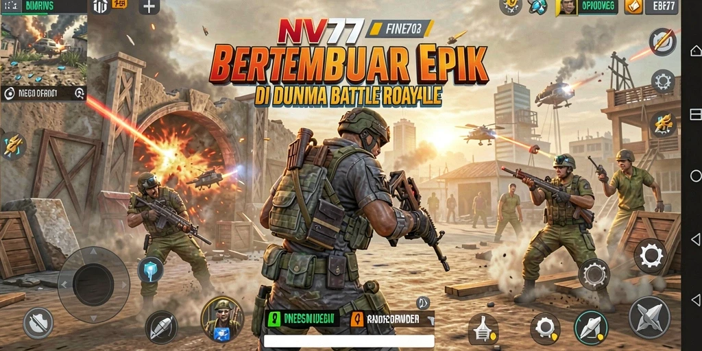 Screenshot utama NV77 yang menunjukkan aksi seru di pertempuran Battle Royale.