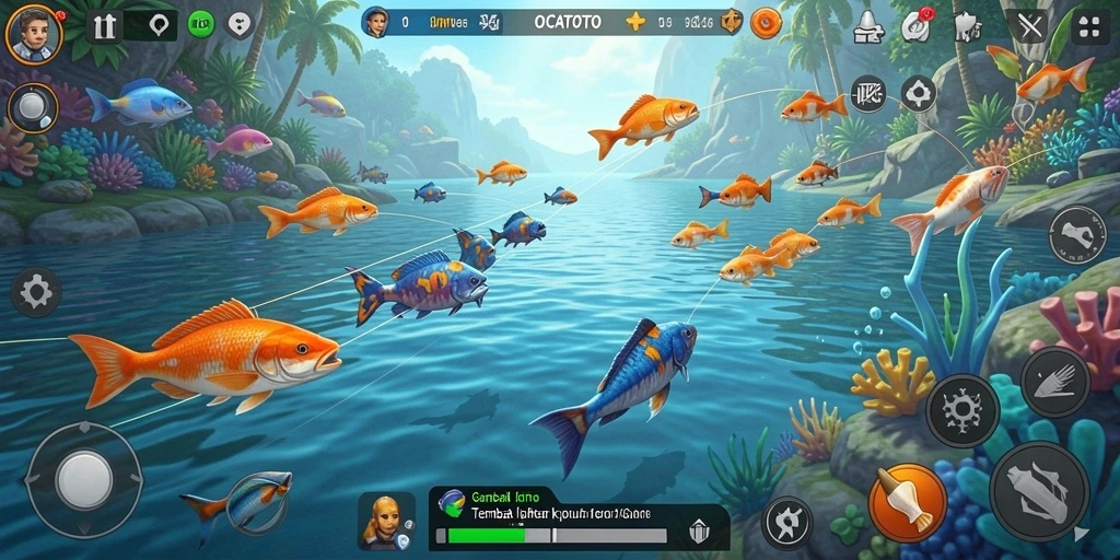 Screenshot gameplay OCATOTO yang menampilkan aksi menembak ikan.