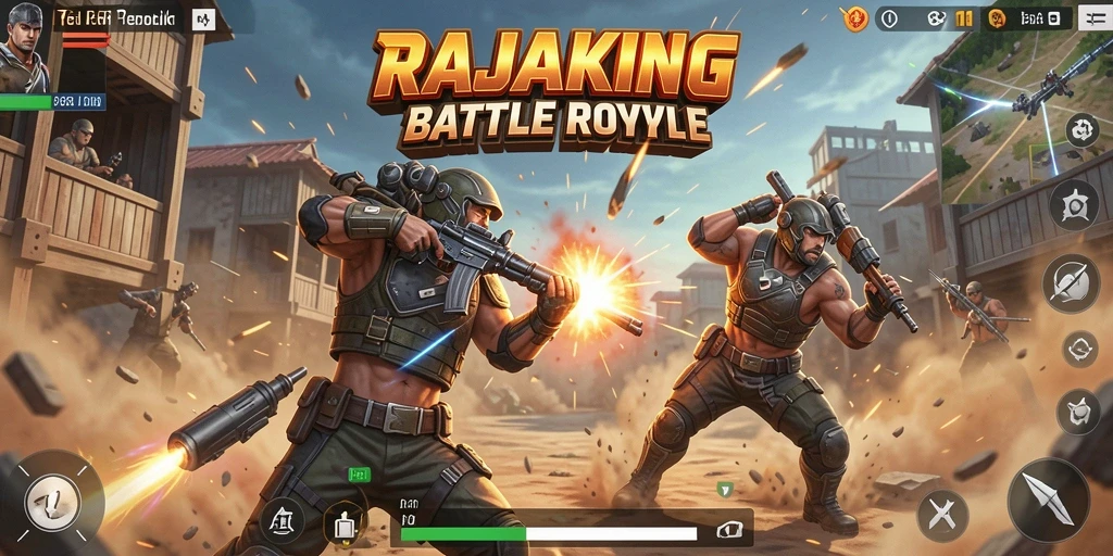 Gameplay RAJAKING yang seru dan penuh aksi dalam arena Battle Royale.