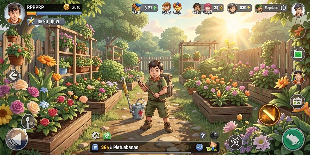 Screenshot RPRPRP menunjukkan gameplay seru berkebun dan panen.