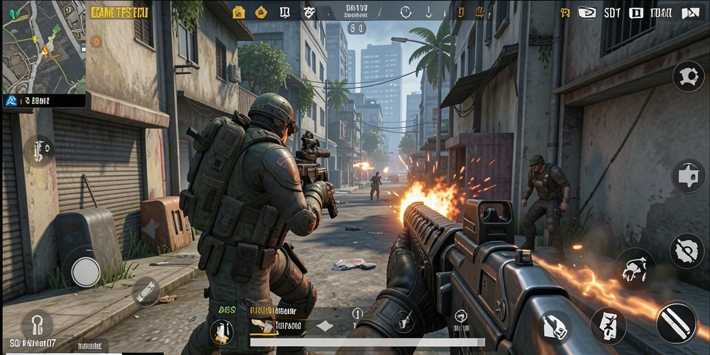 Screenshot permainan SD107 menampilkan pertempuran intens dalam mode TPS.