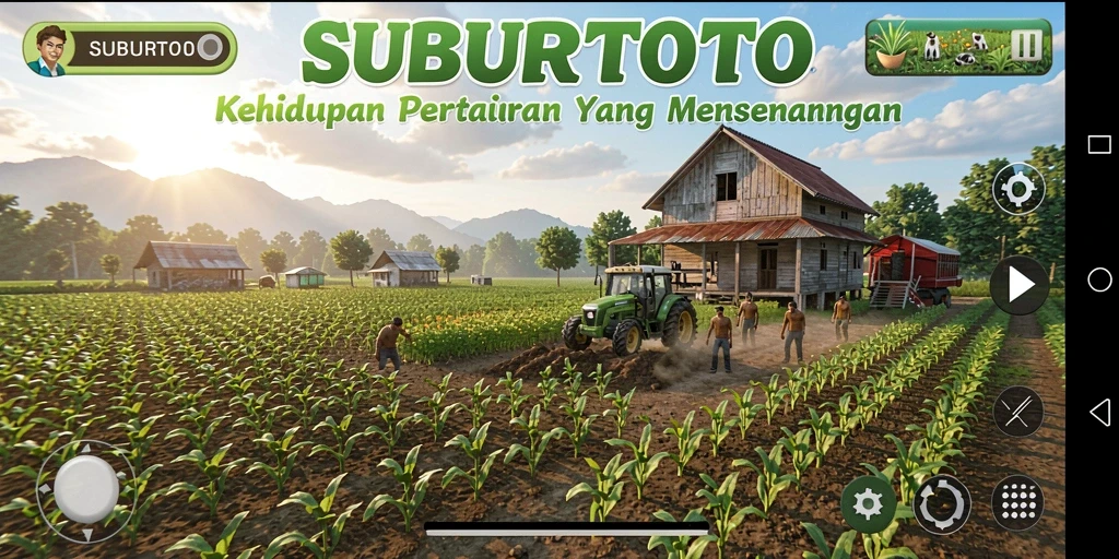 Gameplay SUBURTOTO menampilkan suasana pertanian yang cerah dan menyenangkan.
